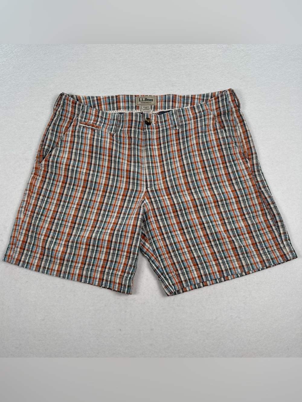 LL Bean Vintage Plaid Shorts Mens 36 Orange Blue 100% Cotton 7” Inseam 90s Dad